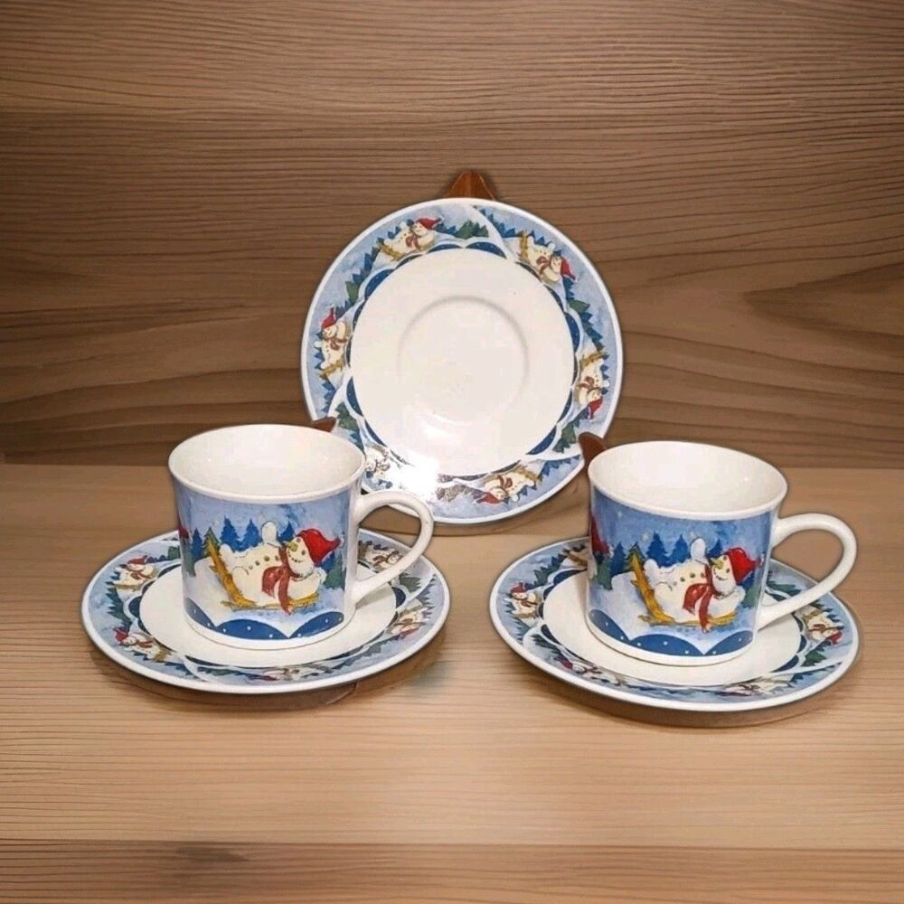 Oneida Holiday Dining Cups Saucers (3) (2) Mug Snow Valley Snowman Stoneware 5pc
